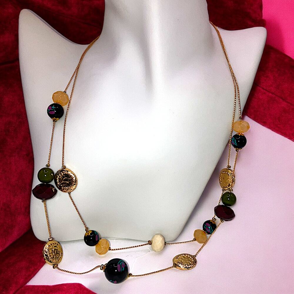 Multicolored Gold-Tone Beaded & Medallion 2 Layers 23.25" Necklace!